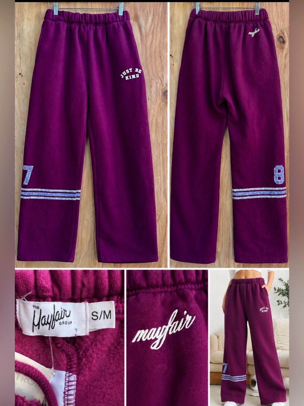 Mayfair Group “Just Be Kind” Wide Leg Sweatpants Burgundy Purple S/M